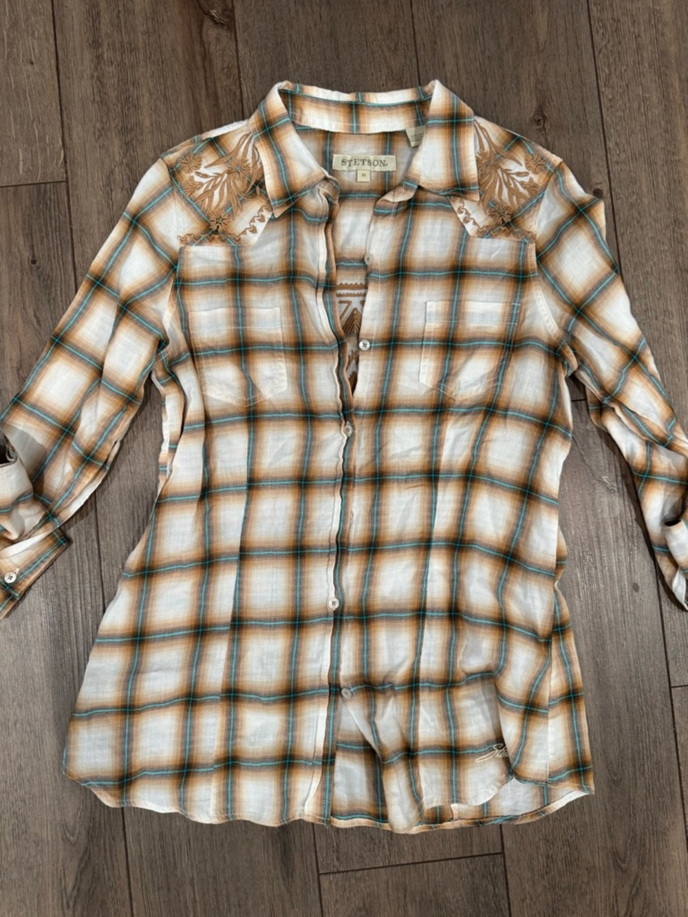 Stetson Women's Plaid Button-Down Shirt in Cream, Brown & Teal
